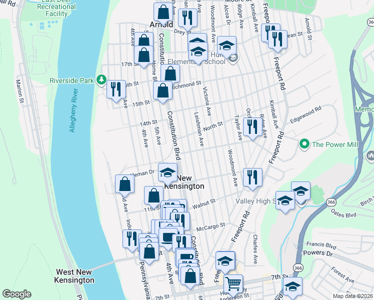 map of restaurants, bars, coffee shops, grocery stores, and more near 209 Catalpa Street in New Kensington