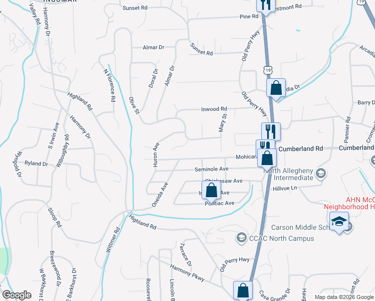 map of restaurants, bars, coffee shops, grocery stores, and more near 467 Troutwood Drive in Pittsburgh