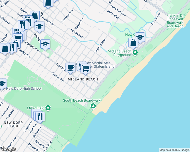 map of restaurants, bars, coffee shops, grocery stores, and more near 72 Hempstead Avenue in Staten Island