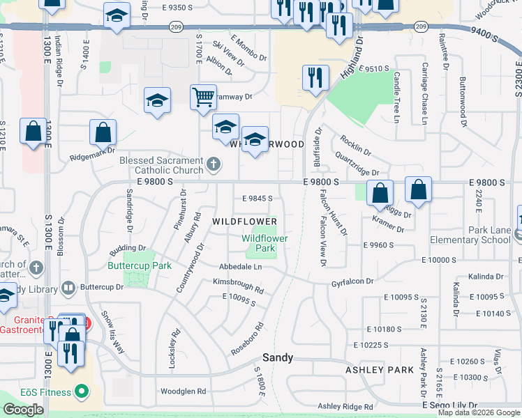 map of restaurants, bars, coffee shops, grocery stores, and more near 1819 East 9880 South in Sandy