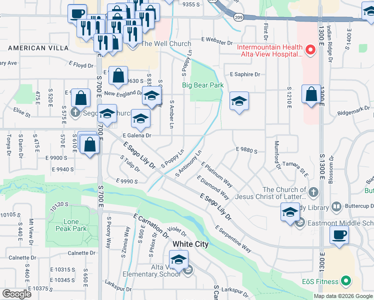 map of restaurants, bars, coffee shops, grocery stores, and more near 9876 South Antimony Lane in Sandy