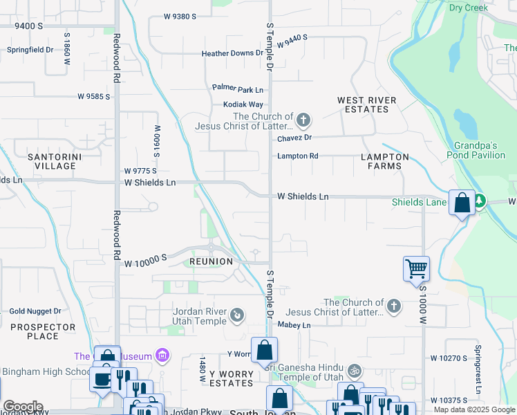 map of restaurants, bars, coffee shops, grocery stores, and more near 1300 West 9880 South in South Jordan