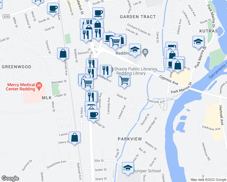 map of restaurants, bars, coffee shops, grocery stores, and more near 2556 Lanning Avenue in Redding