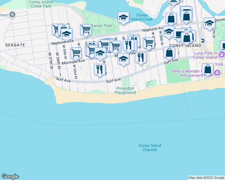 map of restaurants, bars, coffee shops, grocery stores, and more near 2720 Surf Avenue in Brooklyn