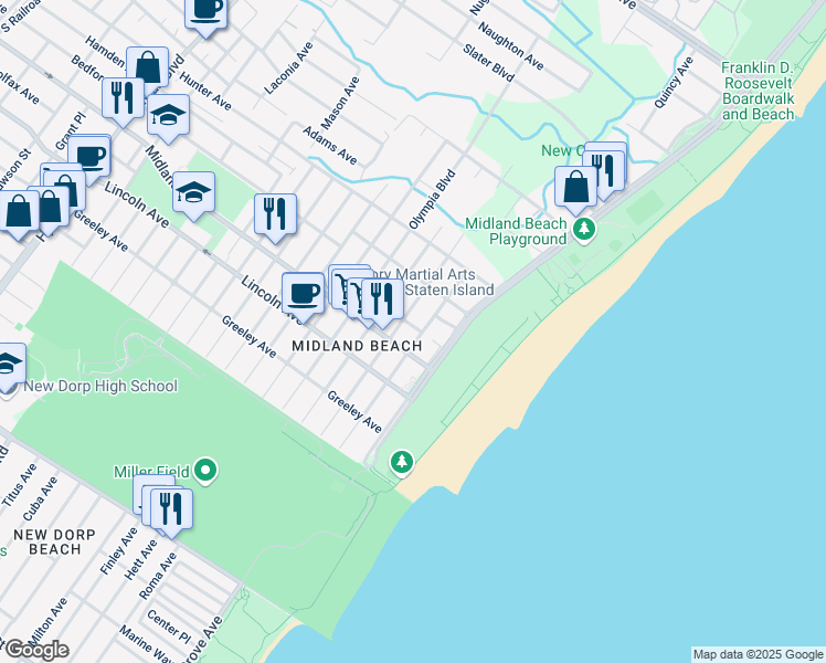 map of restaurants, bars, coffee shops, grocery stores, and more near 72 Hempstead Avenue in Staten Island