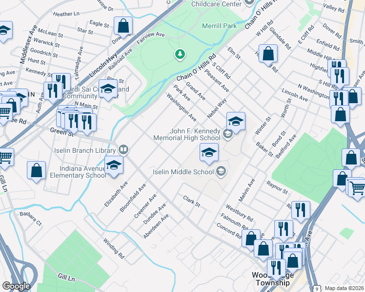 map of restaurants, bars, coffee shops, grocery stores, and more near 189 Bloomfield Avenue in Woodbridge Township