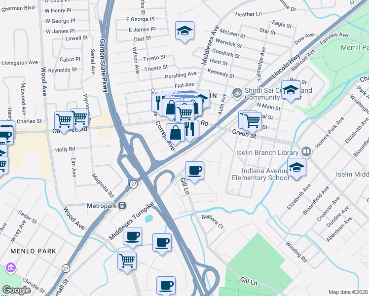 map of restaurants, bars, coffee shops, grocery stores, and more near 13 Middlesex Avenue in Woodbridge Township