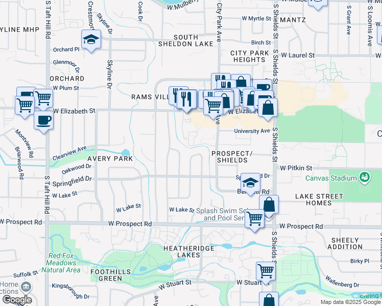 map of restaurants, bars, coffee shops, grocery stores, and more near 1109 Fairview Drive in Fort Collins
