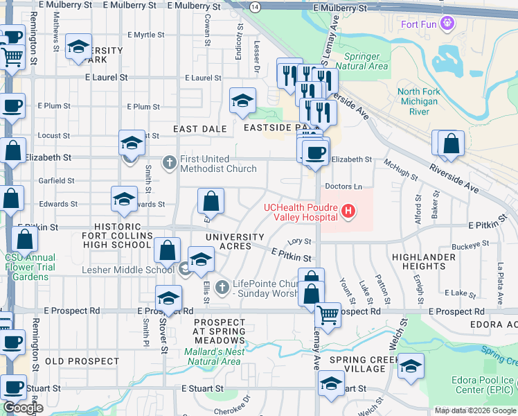 map of restaurants, bars, coffee shops, grocery stores, and more near 1112 Morgan Street in Fort Collins