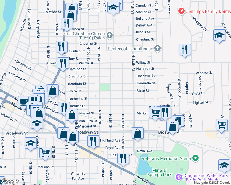 map of restaurants, bars, coffee shops, grocery stores, and more near 1214 State Street in Pekin