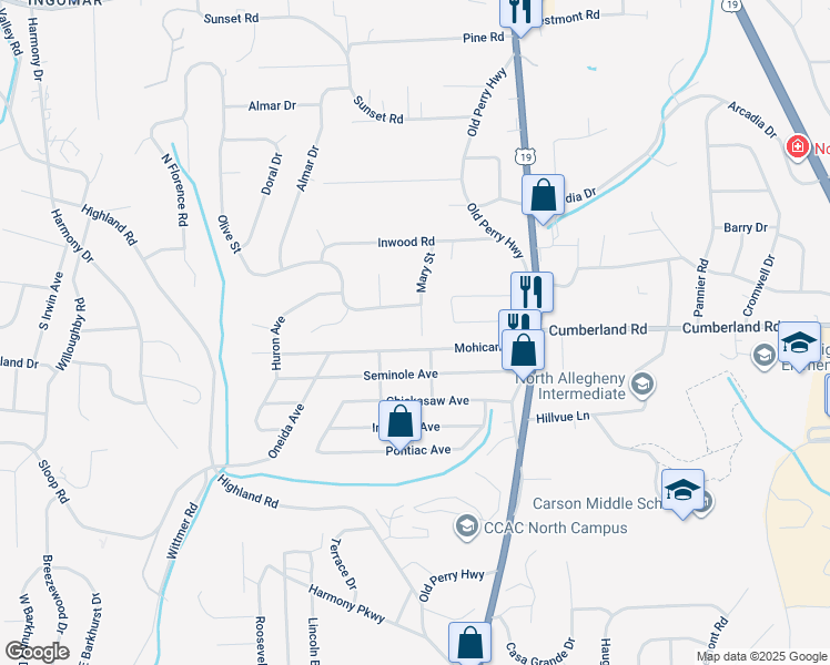 map of restaurants, bars, coffee shops, grocery stores, and more near 9101 Mary Avenue in Pittsburgh