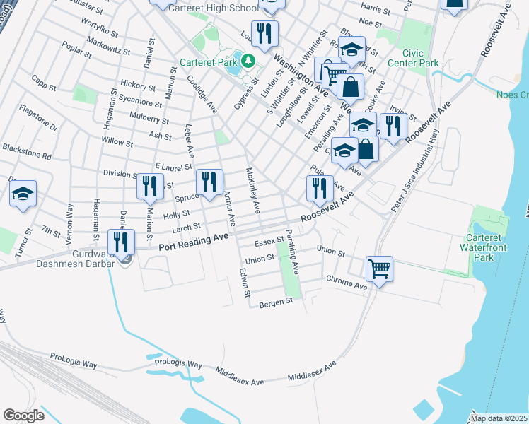 map of restaurants, bars, coffee shops, grocery stores, and more near 27 Larch Street in Carteret