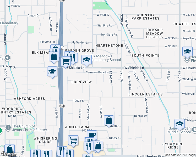 map of restaurants, bars, coffee shops, grocery stores, and more near 9873 Westley Park Circle in South Jordan