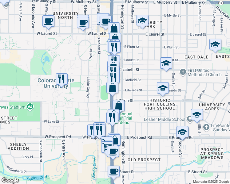 map of restaurants, bars, coffee shops, grocery stores, and more near 1200 U.S. 287 in Fort Collins
