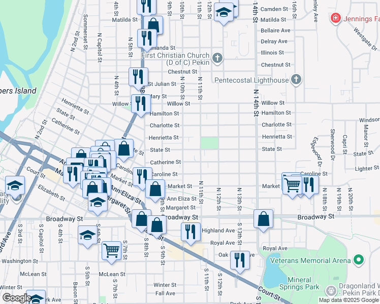 map of restaurants, bars, coffee shops, grocery stores, and more near 1010 State Street in Pekin