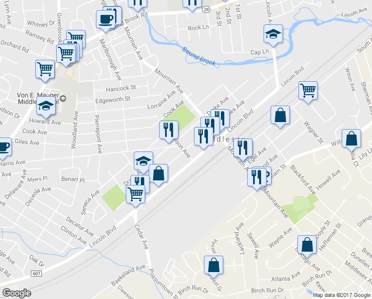 map of restaurants, bars, coffee shops, grocery stores, and more near 605 Voorhees Avenue in Middlesex