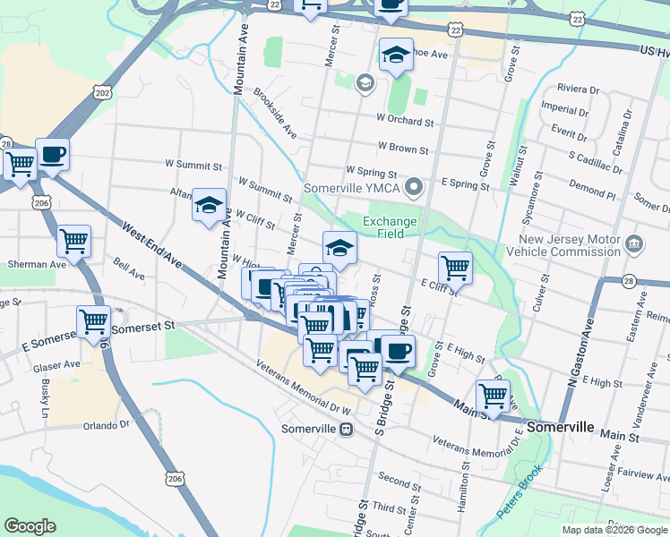 map of restaurants, bars, coffee shops, grocery stores, and more near 51 West Cliff Street in Somerville