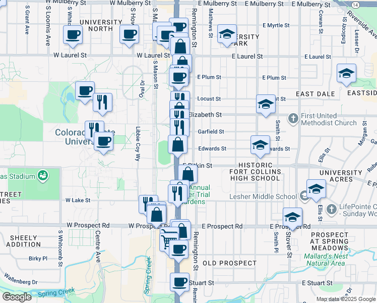 map of restaurants, bars, coffee shops, grocery stores, and more near 1203 Remington Street in Fort Collins