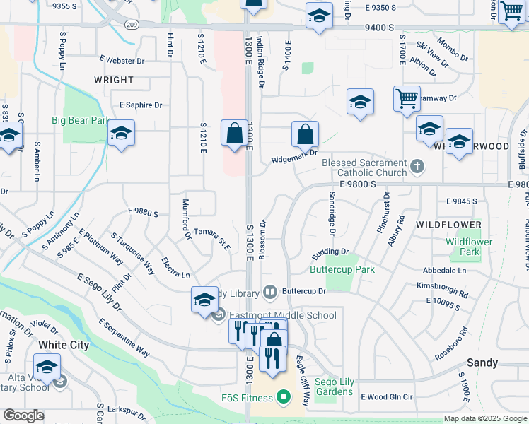 map of restaurants, bars, coffee shops, grocery stores, and more near 9872 Blossom Drive in Sandy