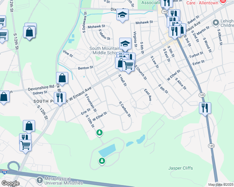 map of restaurants, bars, coffee shops, grocery stores, and more near 2369 South Carbon Street in Allentown