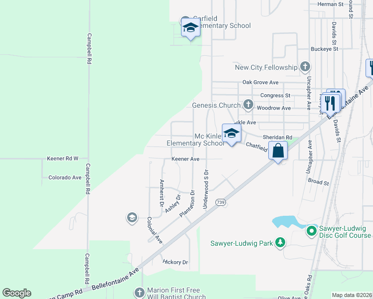 map of restaurants, bars, coffee shops, grocery stores, and more near 1104 Woodbine Avenue in Marion