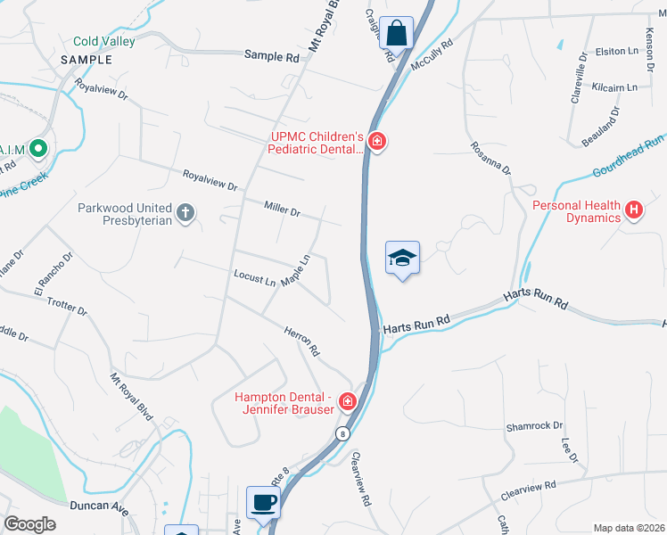 map of restaurants, bars, coffee shops, grocery stores, and more near 4198 Oakridge Rd in Hampton Township