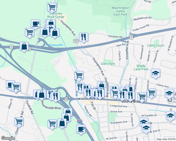 map of restaurants, bars, coffee shops, grocery stores, and more near 701 Lawrence Rd in Bound Brook