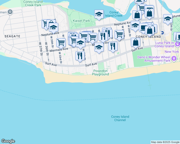 map of restaurants, bars, coffee shops, grocery stores, and more near 3020 West 28th Street in Brooklyn