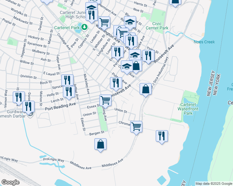 map of restaurants, bars, coffee shops, grocery stores, and more near 101 Roosevelt Avenue in Carteret