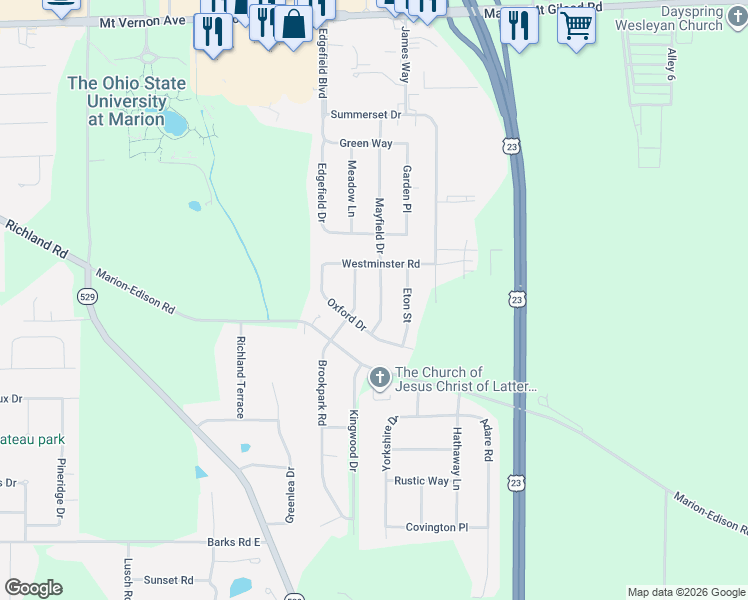 map of restaurants, bars, coffee shops, grocery stores, and more near 743 Mayfield Drive in Marion