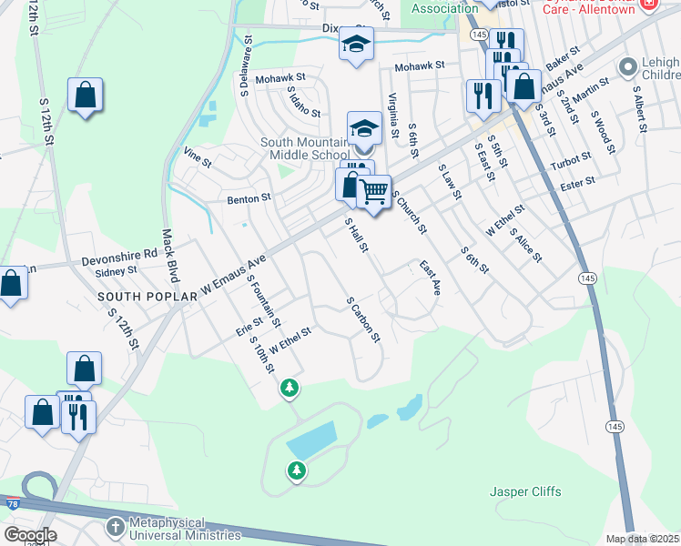 map of restaurants, bars, coffee shops, grocery stores, and more near 2369 South Carbon Street in Allentown
