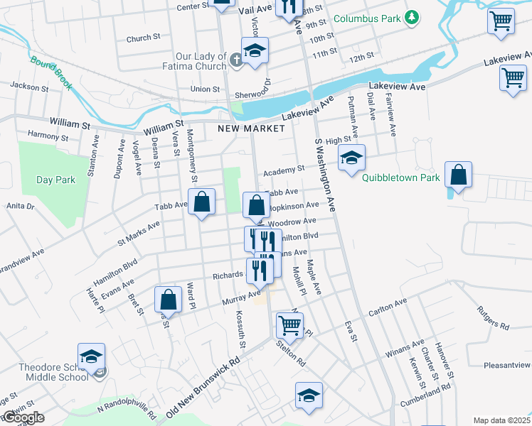 map of restaurants, bars, coffee shops, grocery stores, and more near 119 Stelton Road in Piscataway Township