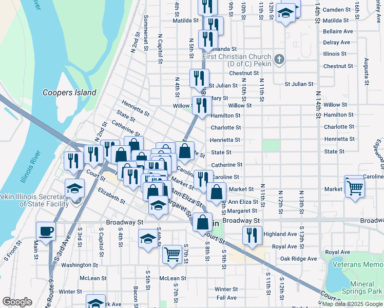 map of restaurants, bars, coffee shops, grocery stores, and more near 601 North 6th Street in Pekin