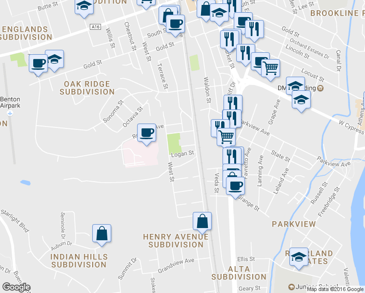 map of restaurants, bars, coffee shops, grocery stores, and more near 1825 Grant Street in Redding