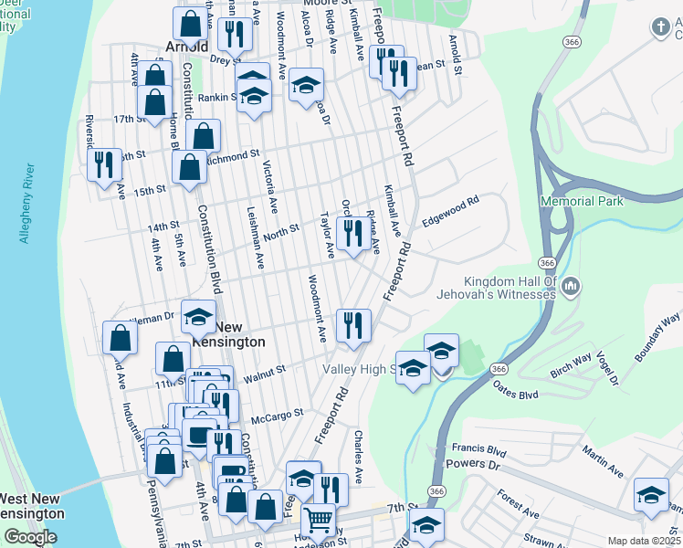 map of restaurants, bars, coffee shops, grocery stores, and more near 1252 Taylor Avenue in New Kensington