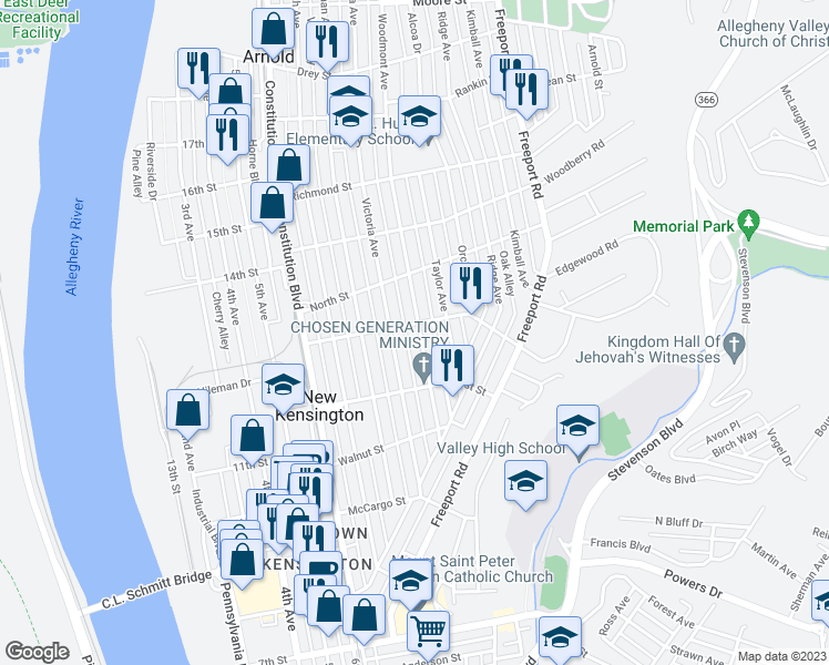 map of restaurants, bars, coffee shops, grocery stores, and more near 1253 Woodmont Avenue in New Kensington
