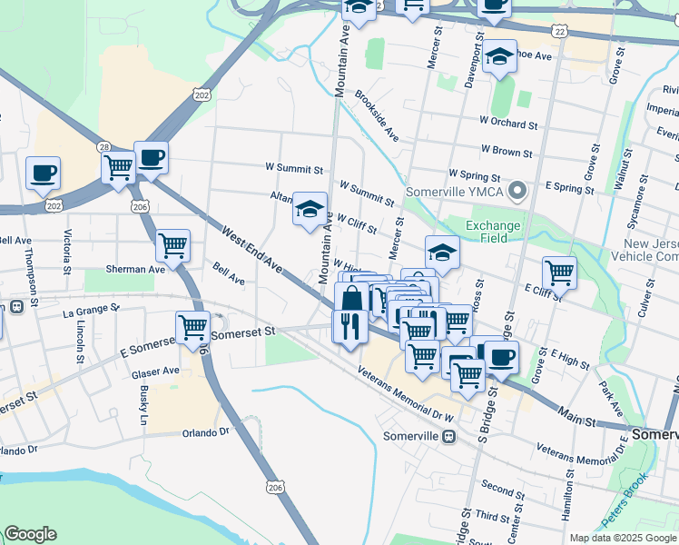 map of restaurants, bars, coffee shops, grocery stores, and more near 195 West High Street in Somerville