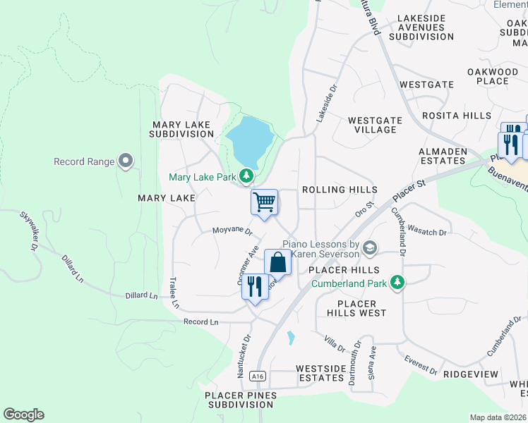 map of restaurants, bars, coffee shops, grocery stores, and more near 1777 Mary Lake Dr in Redding