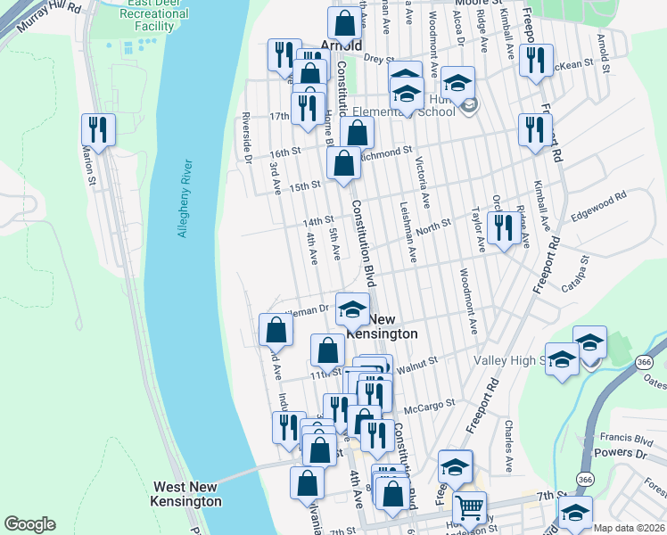 map of restaurants, bars, coffee shops, grocery stores, and more near 1337 5th Avenue in New Kensington
