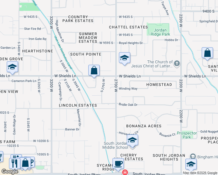 map of restaurants, bars, coffee shops, grocery stores, and more near 2737 West 9850 South in South Jordan