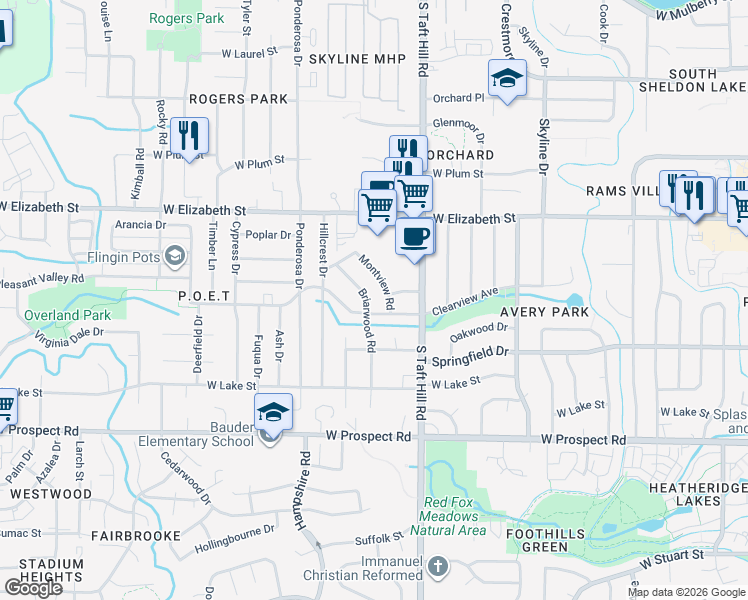 map of restaurants, bars, coffee shops, grocery stores, and more near 1064 Briarwood Road in Fort Collins