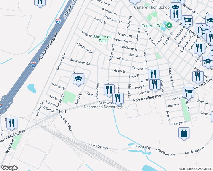 map of restaurants, bars, coffee shops, grocery stores, and more near 45 Hagaman Street in Woodbridge Township