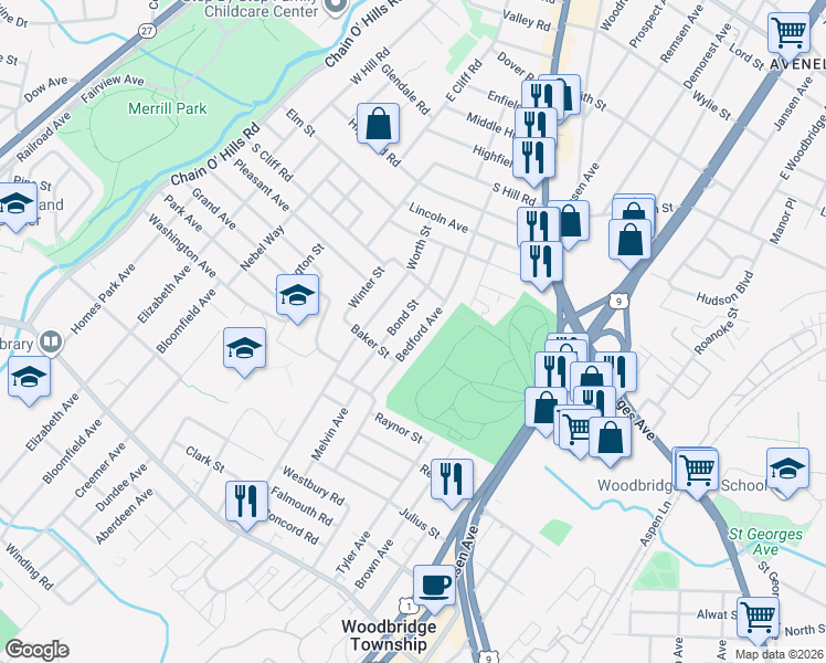 map of restaurants, bars, coffee shops, grocery stores, and more near 126 Bedford Avenue in Woodbridge Township