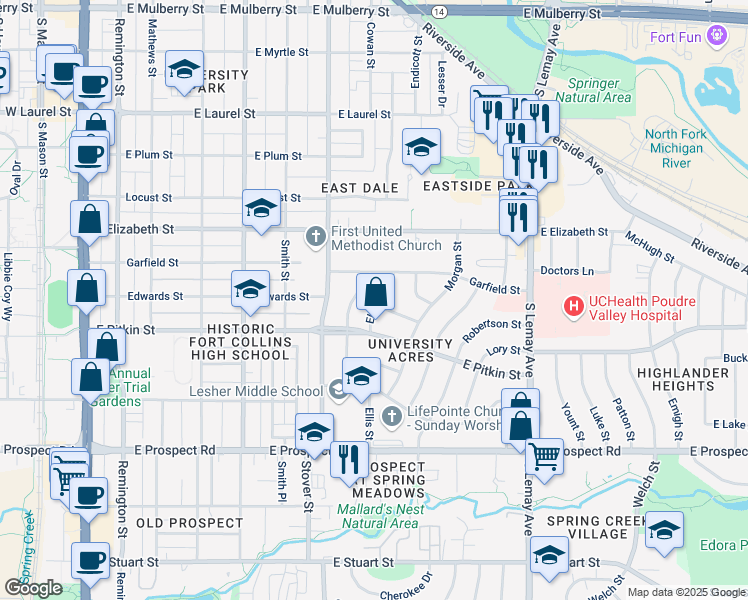 map of restaurants, bars, coffee shops, grocery stores, and more near 1113 Ellis Street in Fort Collins
