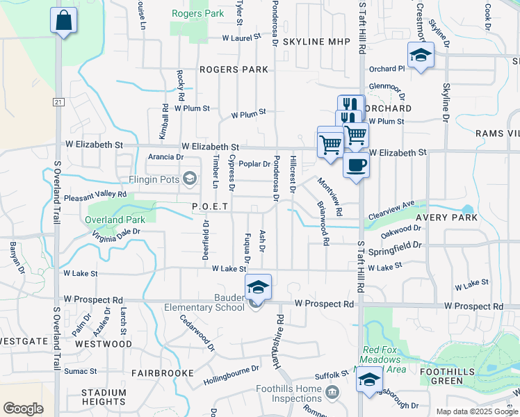 map of restaurants, bars, coffee shops, grocery stores, and more near 2412 Clearview Avenue in Fort Collins