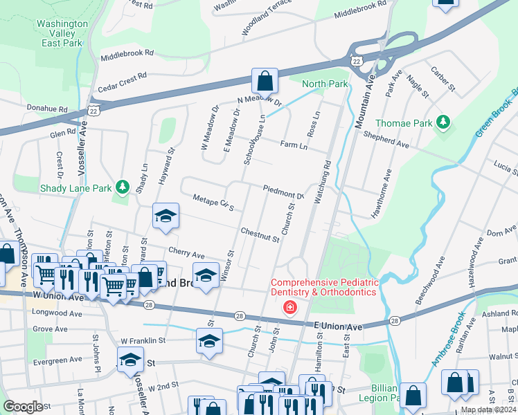 map of restaurants, bars, coffee shops, grocery stores, and more near 631 Central Ave in Bound Brook