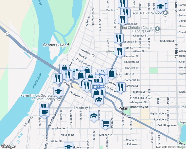 map of restaurants, bars, coffee shops, grocery stores, and more near 350 Caroline Street in Pekin
