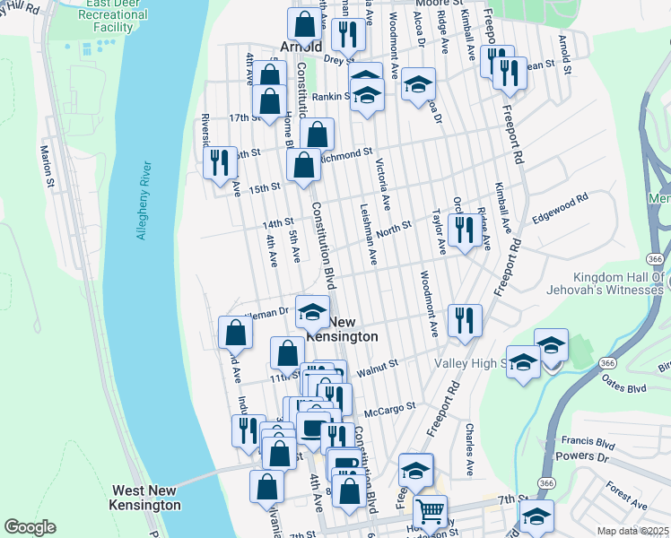 map of restaurants, bars, coffee shops, grocery stores, and more near 1308 Constitution Boulevard in New Kensington