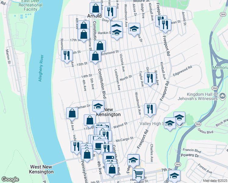 map of restaurants, bars, coffee shops, grocery stores, and more near 209 Catalpa Street in New Kensington