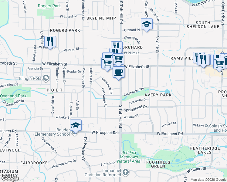 map of restaurants, bars, coffee shops, grocery stores, and more near 1125 South Taft Hill Road in Fort Collins